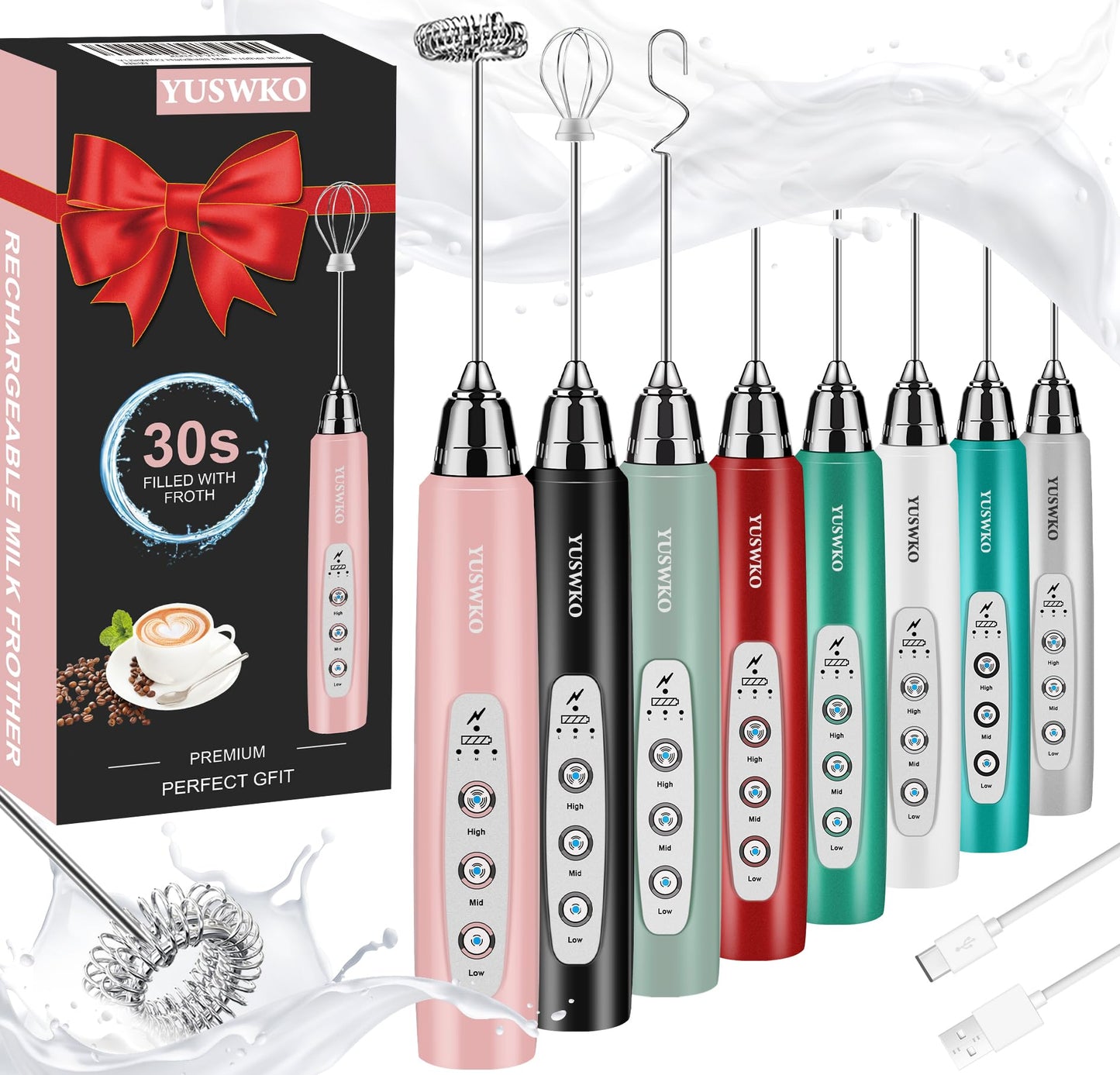 YUSWKO Black Handheld Milk Frother Wand for Coffee, Rechargeable Electric Whisk with 3 Heads 3 Speeds Drink Mixer Coffee Frother For Latte, Cappuccino, Hot Chocolate, Egg