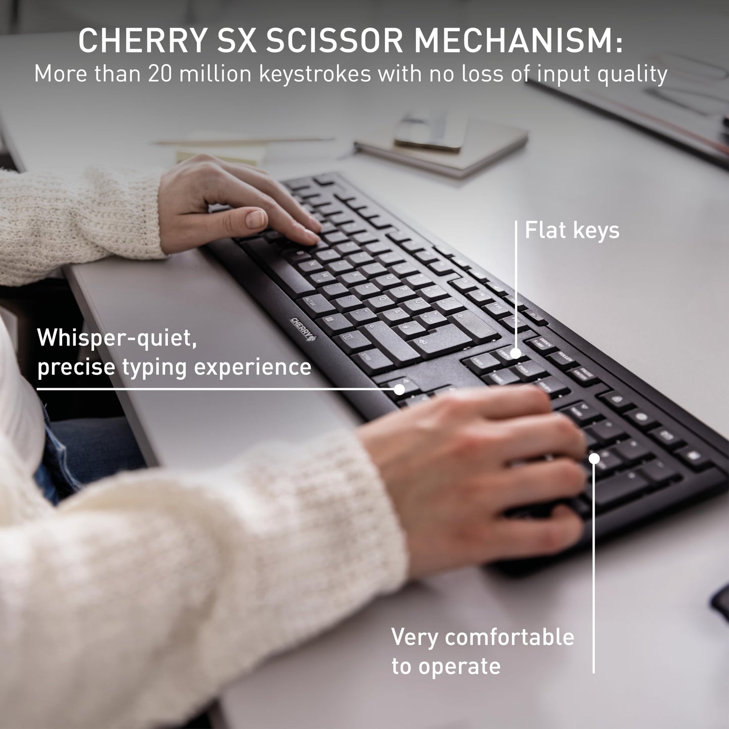 CHERRY STREAM KEYBOARD WIRELESS, Cordless Keyboard, UK Layout (QWERTY), 2.4 GHz RF, Quiet Keys, Flat Design, Battery-Operated, Black