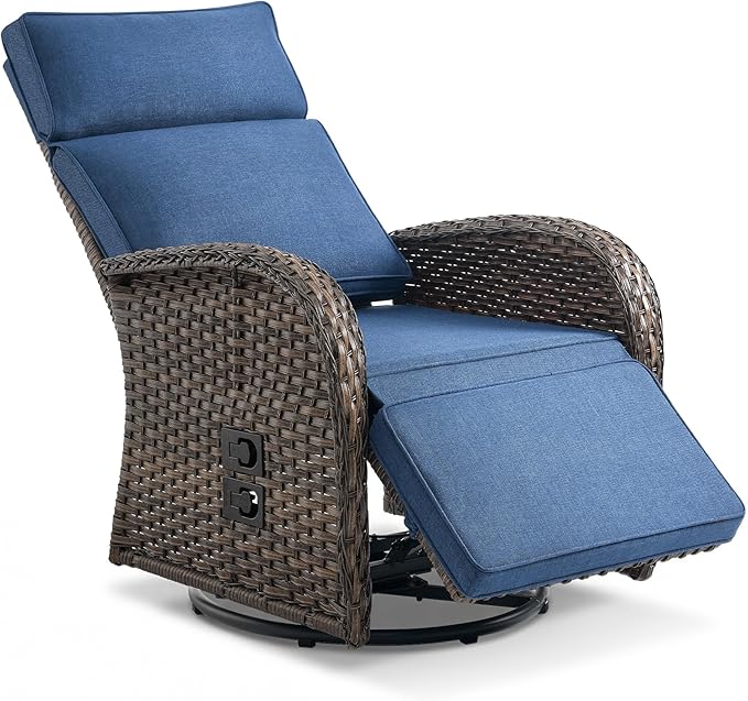 Zero Gravity Patio Swivel Rocking Recliner Chair - Wicker Outdoor Lounge Chair with Adjustable Backrest & Footrest, All Weather Reclining Rocker Chairs with Thick Cushion for Pool Deck Blue