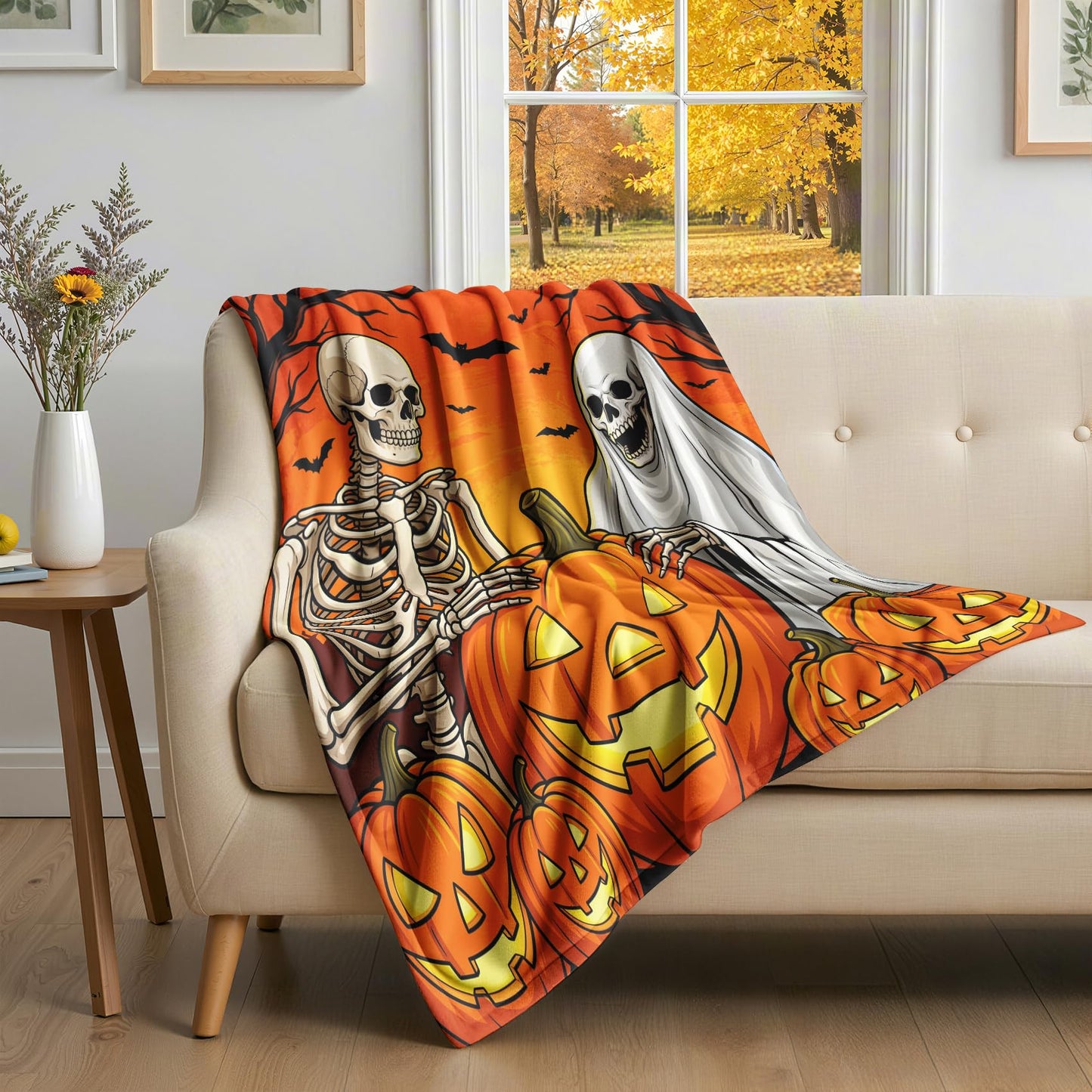 GEDAEUBA Halloween Throw Blanket for Bed - Spooky Ghost Skeleton Pumpkin Bat Fleece Blanket Throw, Soft Cozy Blankets & Throws for Couch, Bed, and Sofa, 50x60 inches
