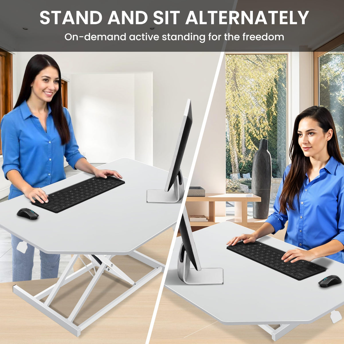 Aconcept 40 inch White Corner Height Adjustable Standing Desk Converter, One-Click Sit to Stand up Desk Riser, Pre-Assembled for Dual Monitor and Laptop Workstation