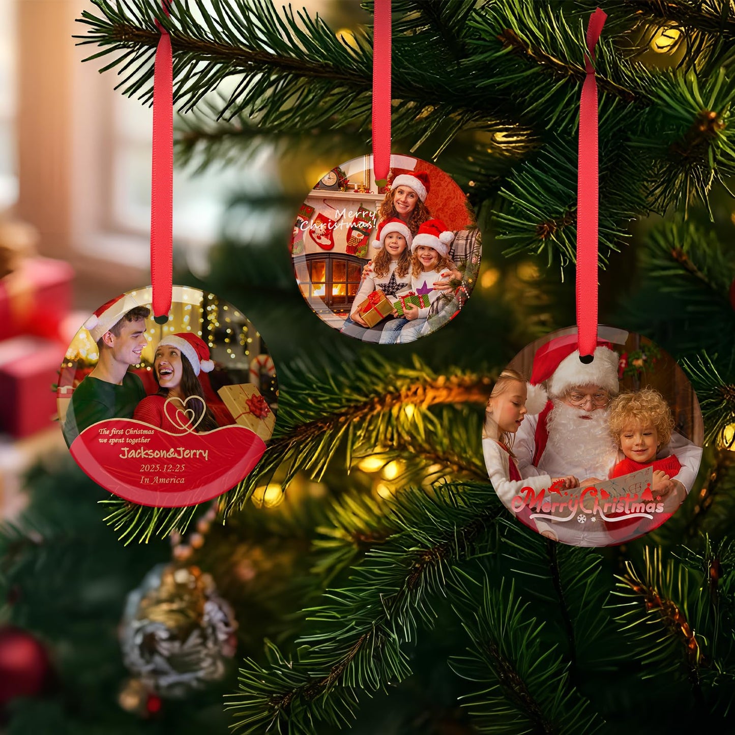 PYD Life 24 PCS Sublimation Ornament Blanks Glass 3 Inch Round Ornament with Red Ribbon for DIY Crafting Personalized Home Christmas Decor Bulk