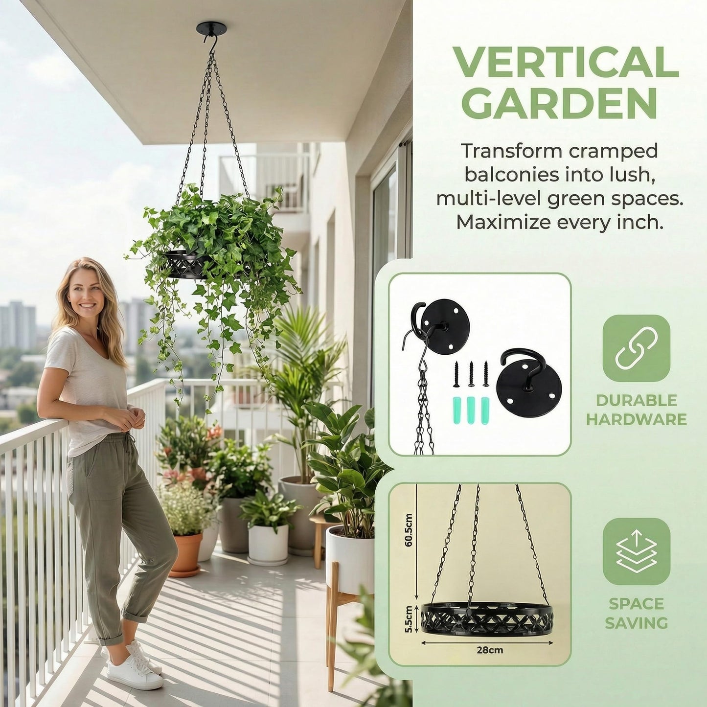 nclongshengsheng Hanging Planter with Metal Chain & Wall Hook, Stylish Indoor Outdoor Plant Hanger with 11 Inch Pot for Patio, Balcony, Porch Home Decor