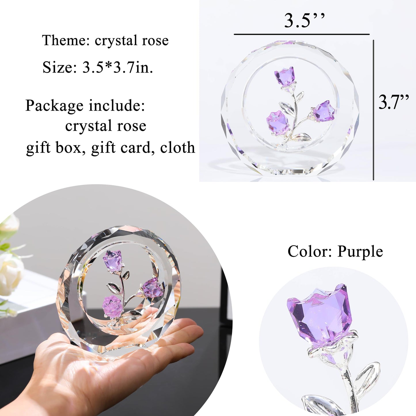 Purple Rose Flower Crystal Figurine with Vase - Bouquet Flowers Ornament Gifts for Wife Girlfriend Women - Handmade Crystal Flower Collectible Home Table Decor for Valentine's Day Wedding Anniversary