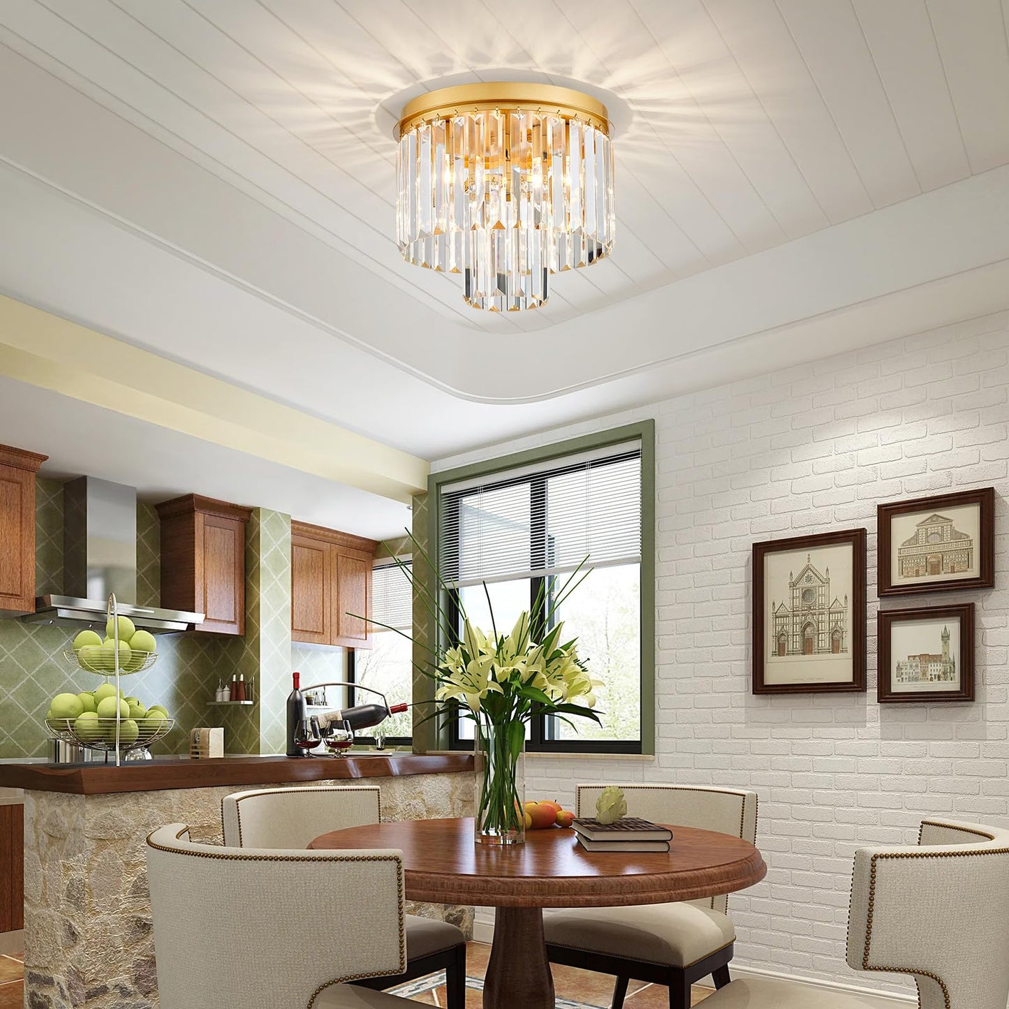 ElegLumi Crystal Ceiling Light, 3-Light Modern Flush Mount Ceiling Light Fixture for Living Room, Dinning Room, Hallway, D12 x H13inch, Brass Finish Frame & K9 Crystal