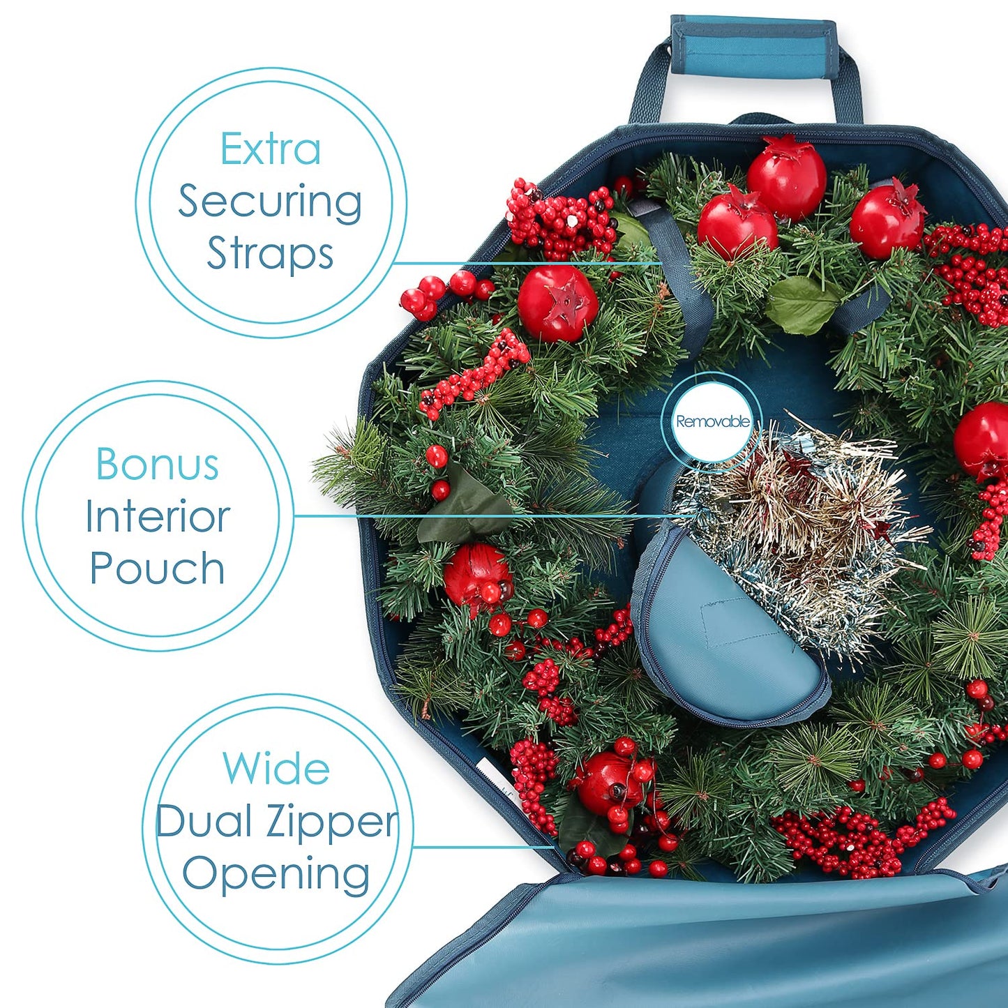Wreath Storage Container - Hard Shell Christmas Wreath Storage Bag with Interior Pockets, Dual Zipper and Handles - 24" Premium Wreath Storage Organizer Box by Hearth & Harbor