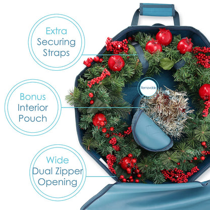 Wreath Storage Container - Hard Shell Christmas Wreath Storage Bag with Interior Pockets, Dual Zipper and Handles - 24" Premium Wreath Storage Organizer Box by Hearth & Harbor