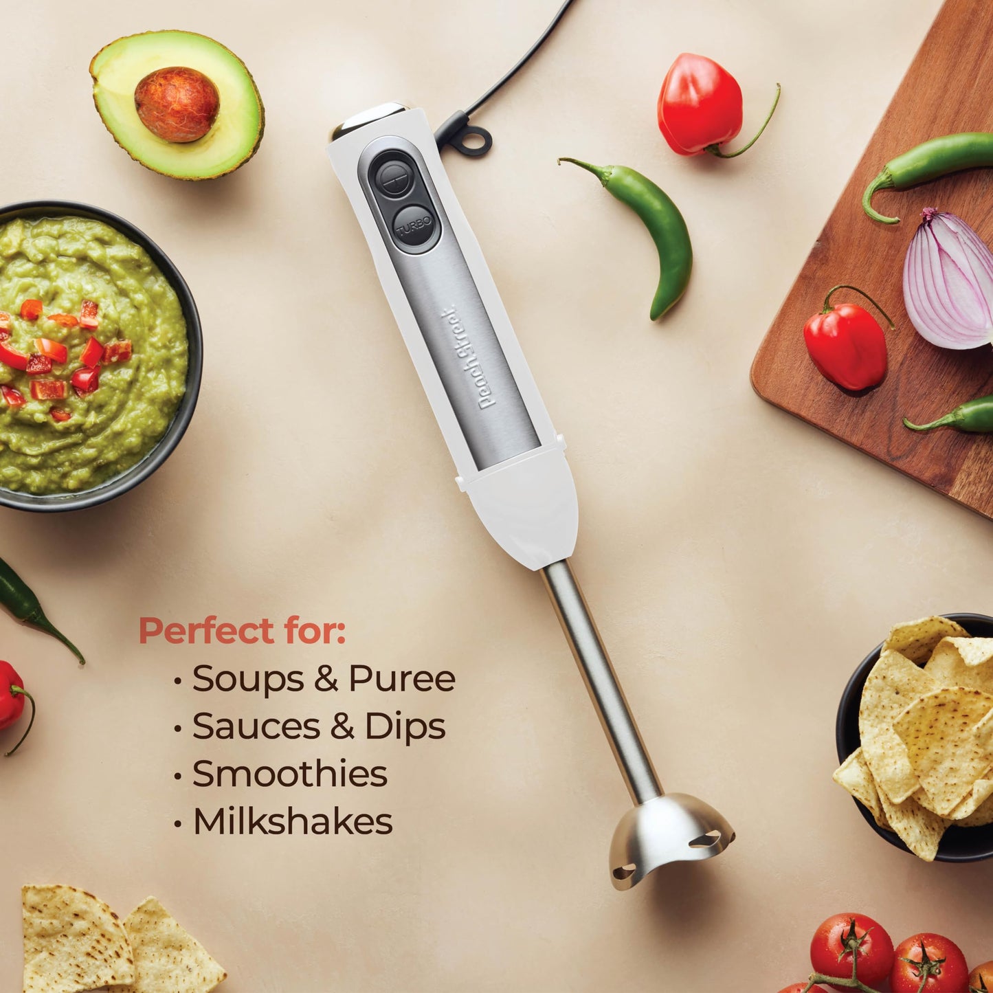 Powerful Immersion Blender, Electric Hand Blender 500 Watt with Turbo Mode, Detachable Base. Handheld Kitchen Gadget Blender Stick for Soup, Smoothie, Puree, Baby Food, 304 Stainless Steel Blades