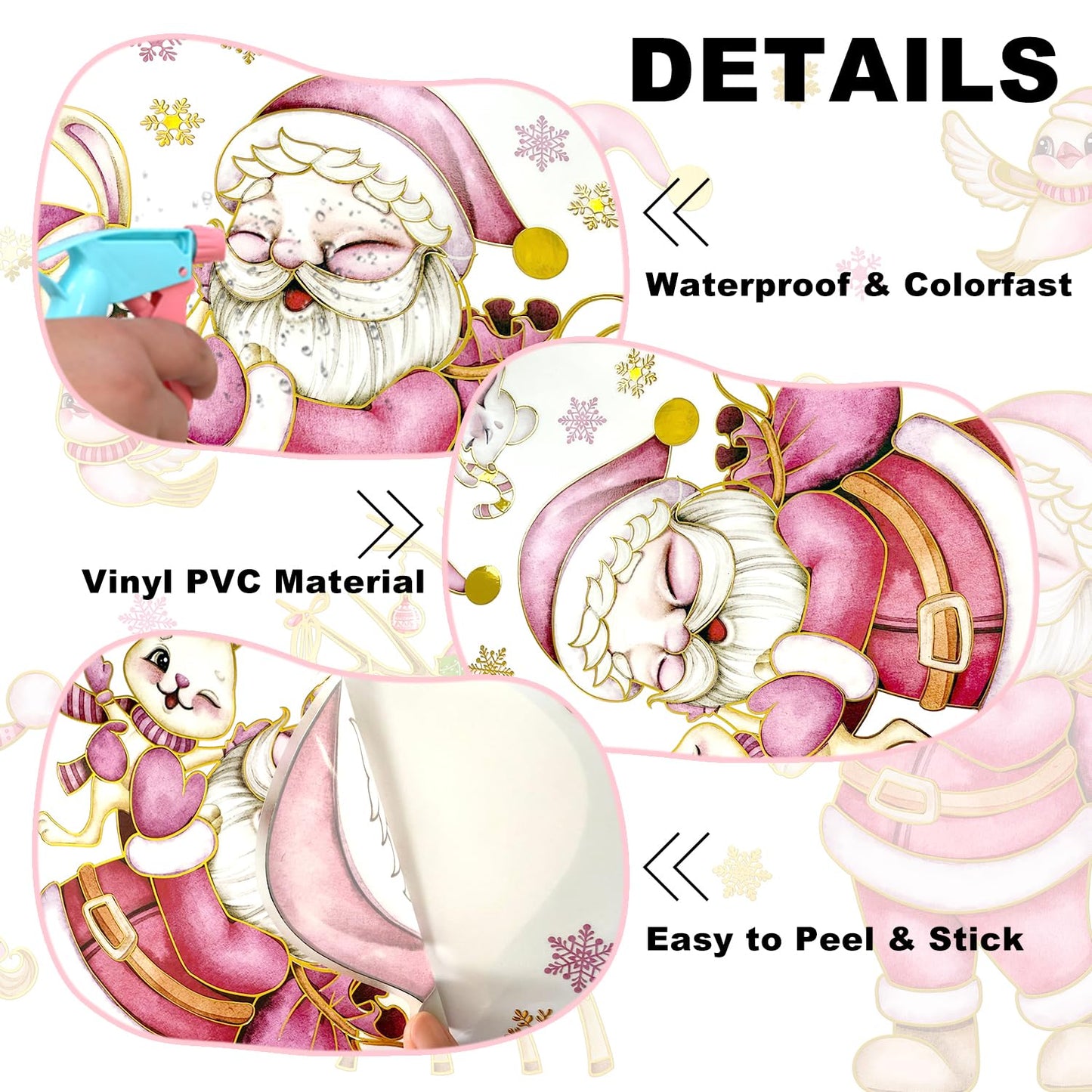Wrdpyrmnis Pink Santa Claus Wall Stickers with Reindeer Christmas Gnome Window Sticker Decor Peel and Stick Wall Decals Window Clings for Room Classroom Christmas Decorations (1 Sheet)