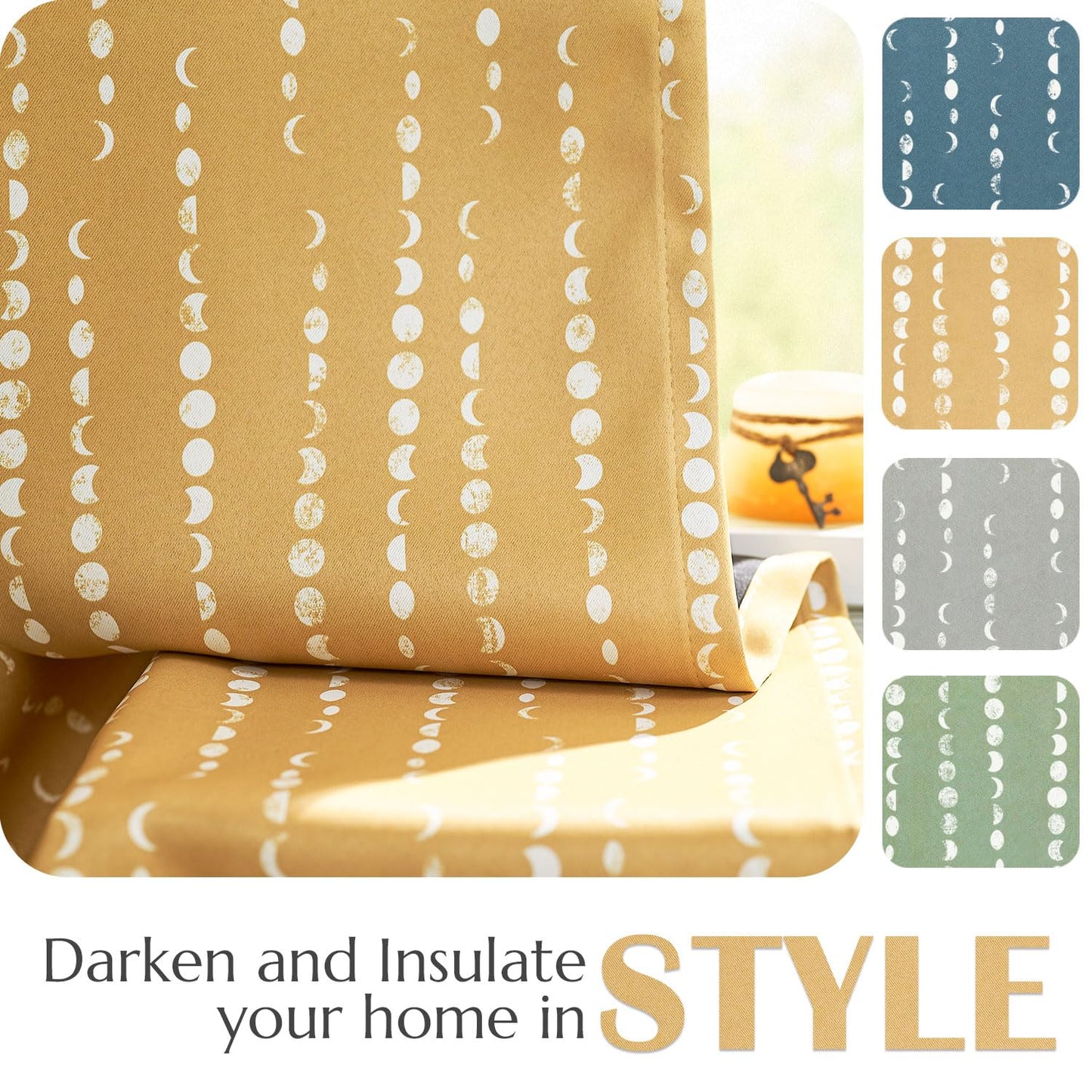 jinchan 95% Blackout Boho Curtains 63 Inch Length Moon Phases Printed Drapes Rod Pocket Thermal Insulated Curtains for Bedroom Nursery Mustard Yellow Window Drapes Curtain Set 2 Panels