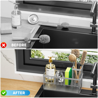 Cisily Kitchen Sink Caddy Organzier with High Brush Holder, Sponge Holder for Sink, 304 Rustproof Stainless, Kitchen Countertop Soap Dispenser Organizer, Kitchen Decor and Accessories
