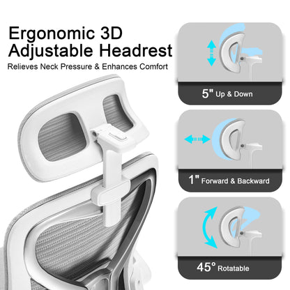 Ergonomic Office Chair for Back & Neck Pain Relief, Virgin Foam Seat, 2D Adjustable Lumbar & 3D Headrest, Tilt & Rock for Relaxation, Ideal for Long Sitting Comfort, Gray/Silver