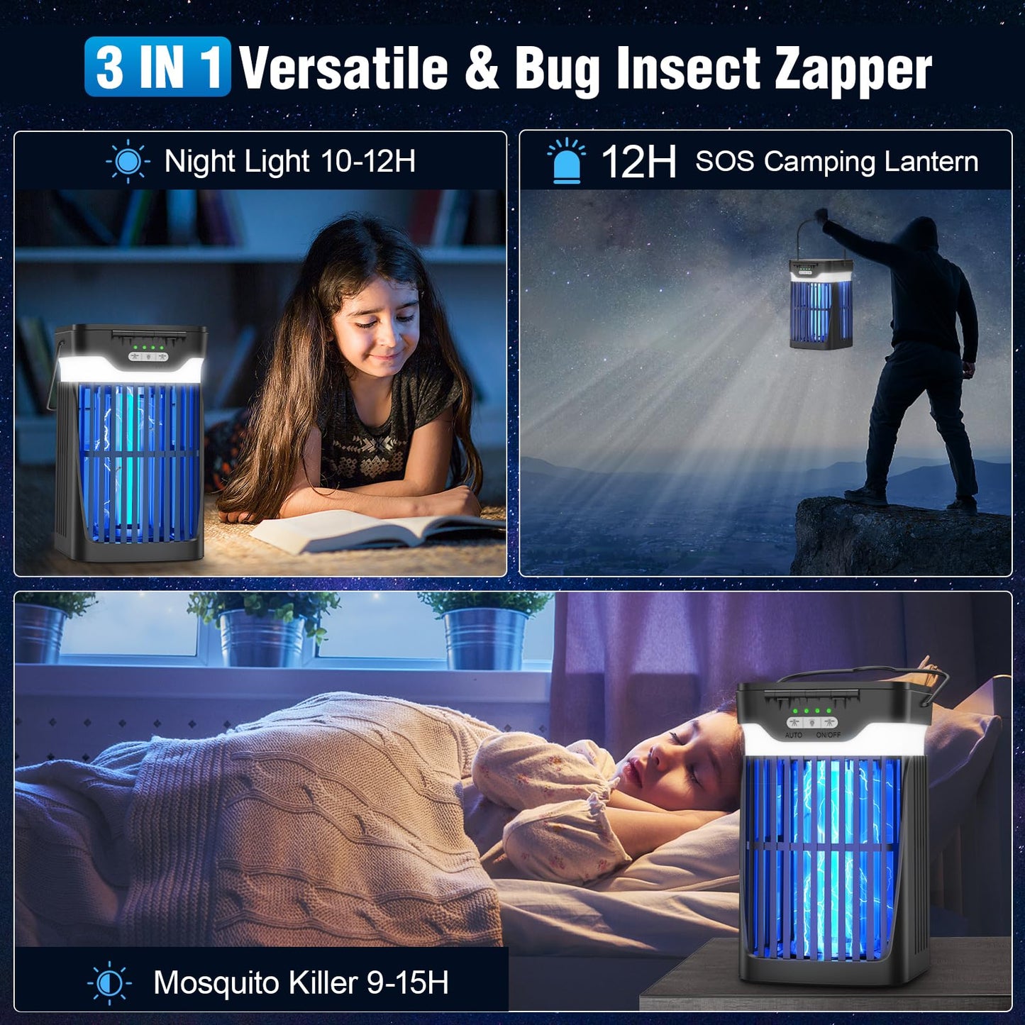 Solar Bug Zapper Outdoor and Indoor, Dual Folding Solar Panel with Auto Sensor Function, USB Rechargeable Cordless Fly Traps, 4200V Electric Mosquito Killer for Patio, Backyard, Garden, Camping