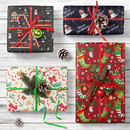 GIOLNIAY Christmas Bows Wrapping Paper for Girls Boys Kids - Holiday Gift Wrap with Ribbons, Red Bows, Winter Foliage Design - 4 Jumbo Sheets, 28″×40″ Each, Easy to Store