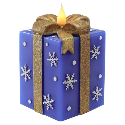LCZLUMIPRO Christmas Flameless Gift Box Candle Hand-Painted Real Wax LED Candle with Remote Timer Battery Operated Blue Gold Decor for Xmas Tree Skirt Ornament Table Outdoor Indoor Holiday