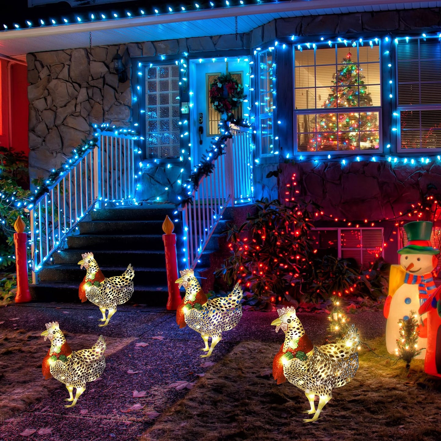 Shellwei 2 Pcs Light up Chicken with Scarf Christmas Decoration Metal Chicken Ornaments with 60 LED Lights Christmas Rooster with Stakes for Xmas Yard Garden Patio Lawn Outdoor Decor