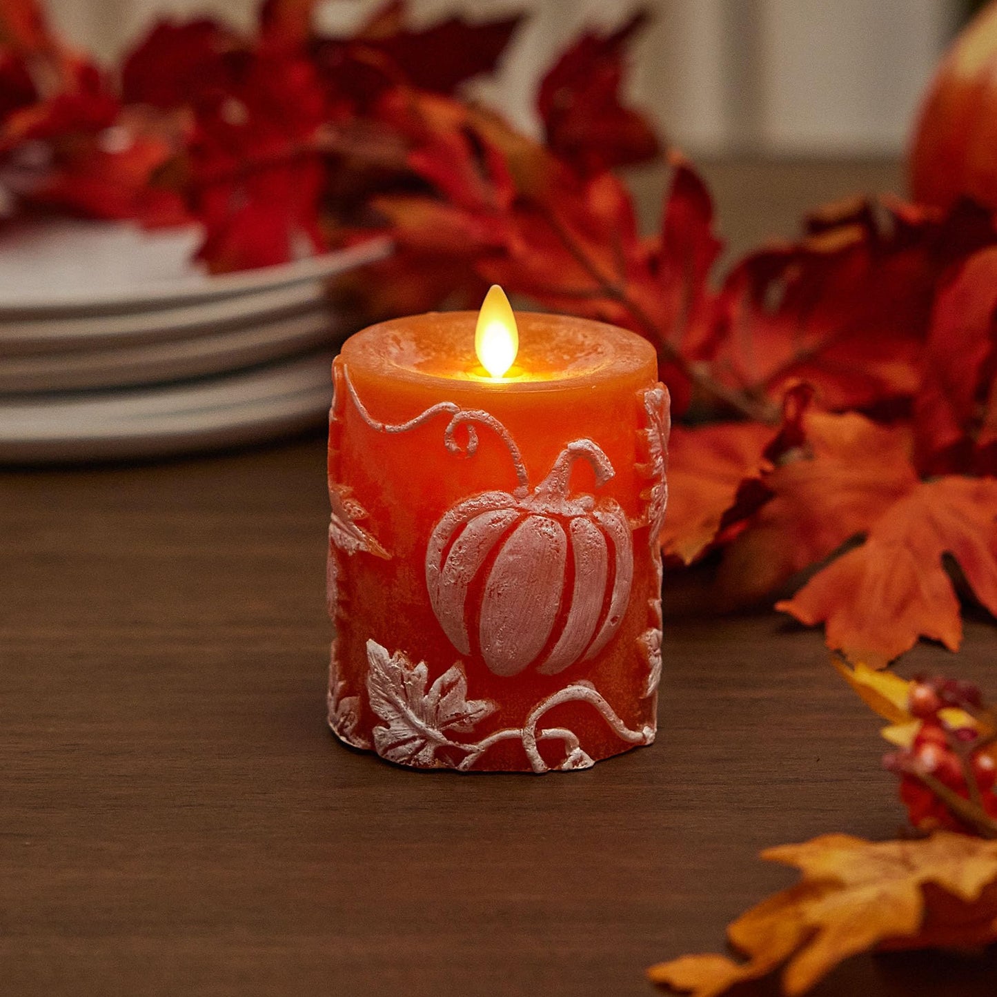 Luminara Embossed Leaves and Pumpkins Moving Flame Pillar Candle 3.25" x 4.5" with Recessed Edge Unscented Real Wax LED Battery Operated Candle Lights