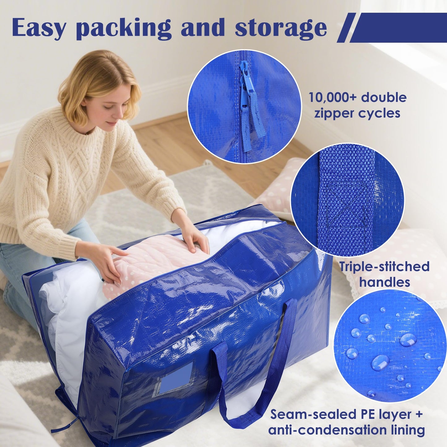 RMOHRO 6 Pack Moving Bags with Full-Open Side Zipper, Extra Large 93L Heavy Duty Waterproof Foldable Storage Totes for College Dorm, Moving & Home Organization,Blue