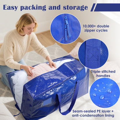 RMOHRO 6 Pack Moving Bags with Full-Open Side Zipper, Extra Large 93L Heavy Duty Waterproof Foldable Storage Totes for College Dorm, Moving & Home Organization,Blue