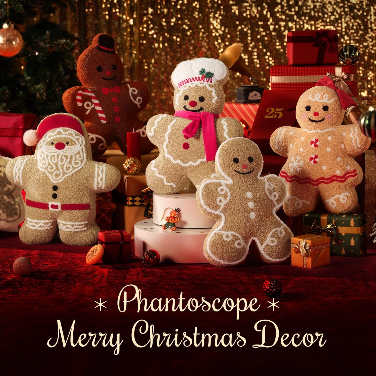 Phantoscope Gingerbread Merry Christmas Throw Pillow, Plush Teddy Xmas Gingerbread Santa Claus Shaped Pillows Christmas Decorative Pillow for Couch Living Room Bed, Beige, 20 x 16.5 inches
