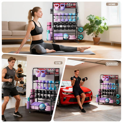 YiiMeeCoo Heavy Duty Dual-Row Dumbbell Rack with Wheels, Home Gym Vertical Storage Stand with Yoga Mat Storage, Space Saving Fitness Equipment Organizer for Home Workout