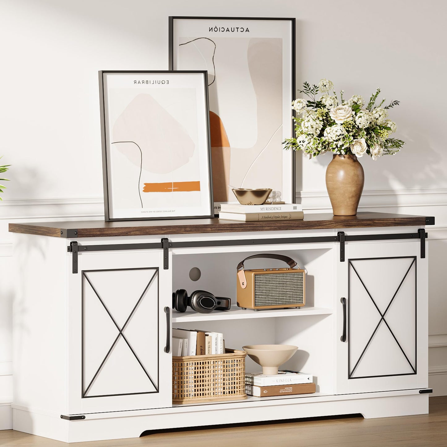IDEALHOUSE Farmhouse TV Stand and Entertainment Center for Tv up to 65 inches with Sliding Barn Doors, Tv Media Console Table with Storage Cabinet for Living Room, White & Brown