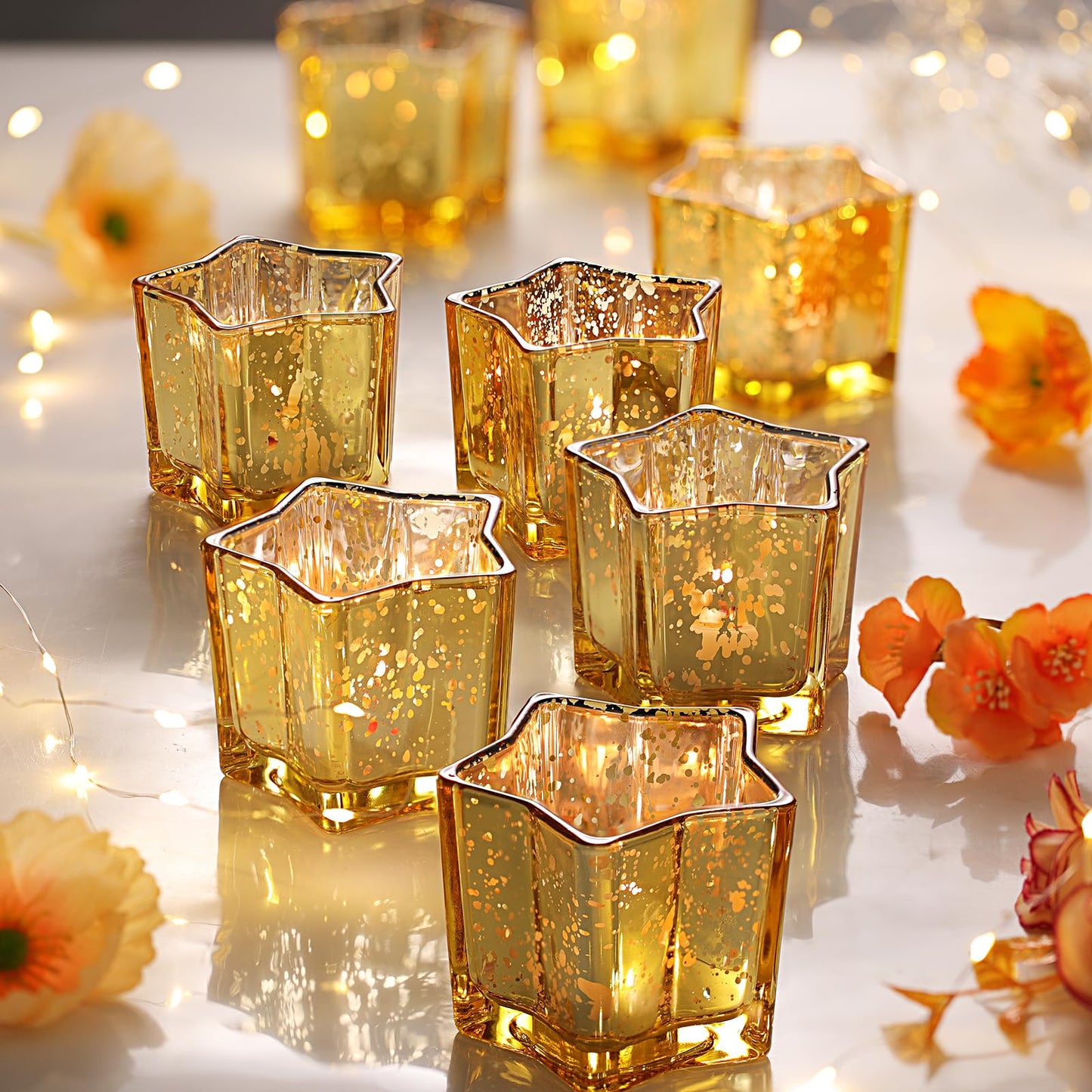Letine 8pcs Gold Star Candle Holders Set - Elegant Tea Light & Votive Holders for Diwali, Weddings, Fall Decor - Mercury Glass Star Jars with Celestial Glow(2.44" Height)