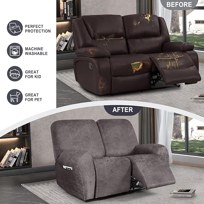 ANARACHON Leather Look Loveseat Recliner Cover, 6-Pieces Stretch Dual Recliner