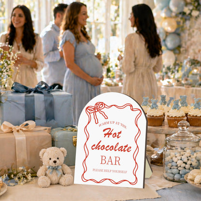 Hot Chocolate Bar Wooden Sign, Red Bow Winter Party Decor, Cocoa Drink Station Sign for Baby Shower, Bridal Shower, Christmas Holiday Party Table Decorations, Red Bow Hot Chocolate Setup Board Decor