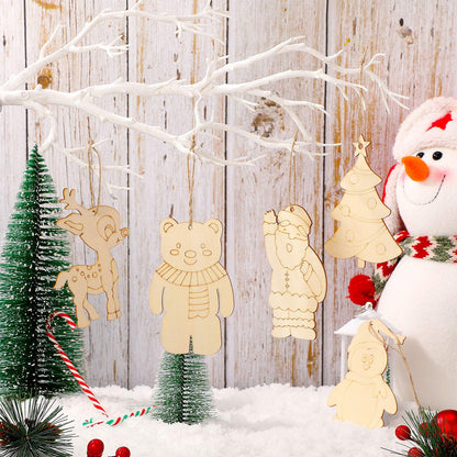 WILLBOND 60 Pieces DIY Unfinished Wooden Christmas Ornaments Wood Paintable Christmas Ornaments to Paint Holiday Hanging Ceramic Decorations with Rope for Embellishments Crafts Centerpieces