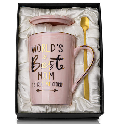 Mothers Day Birthday Gifts for Mom from Daughter Son - 14Oz Funny Best Mom Mug with Gold Print, Unique Pink Marble Coffee Cup with Lid Spoon Greeting Card, Happy Moms Gifts Idea, Luxury Gift Boxed Set