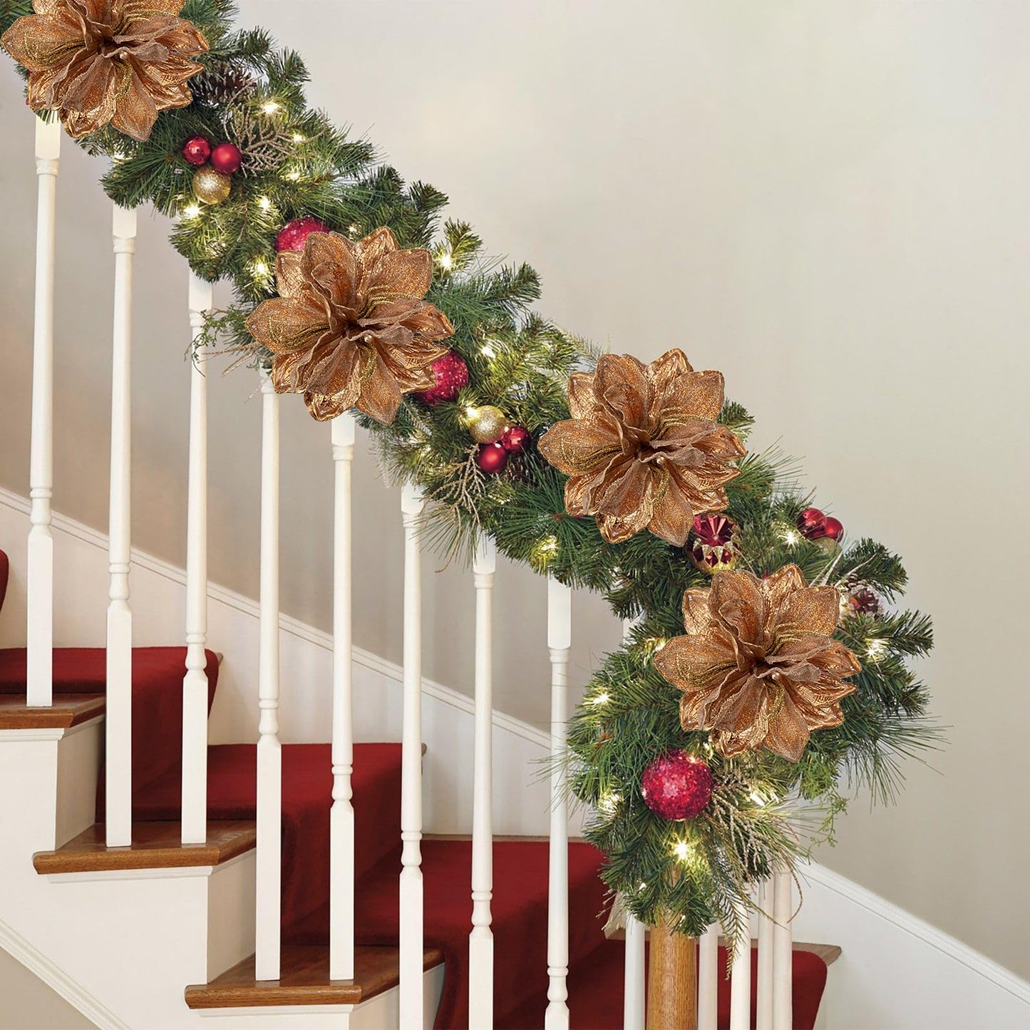 Briful 3PCS Christmas Glitter Poinsettia Flowers 3 Heads Large Artificial Amaryllis Floral Picks 24 Inch Long Stem Fake Flowers Ornaments for Christmas Tree Vase Table Centerpiece Decor (Bronze)