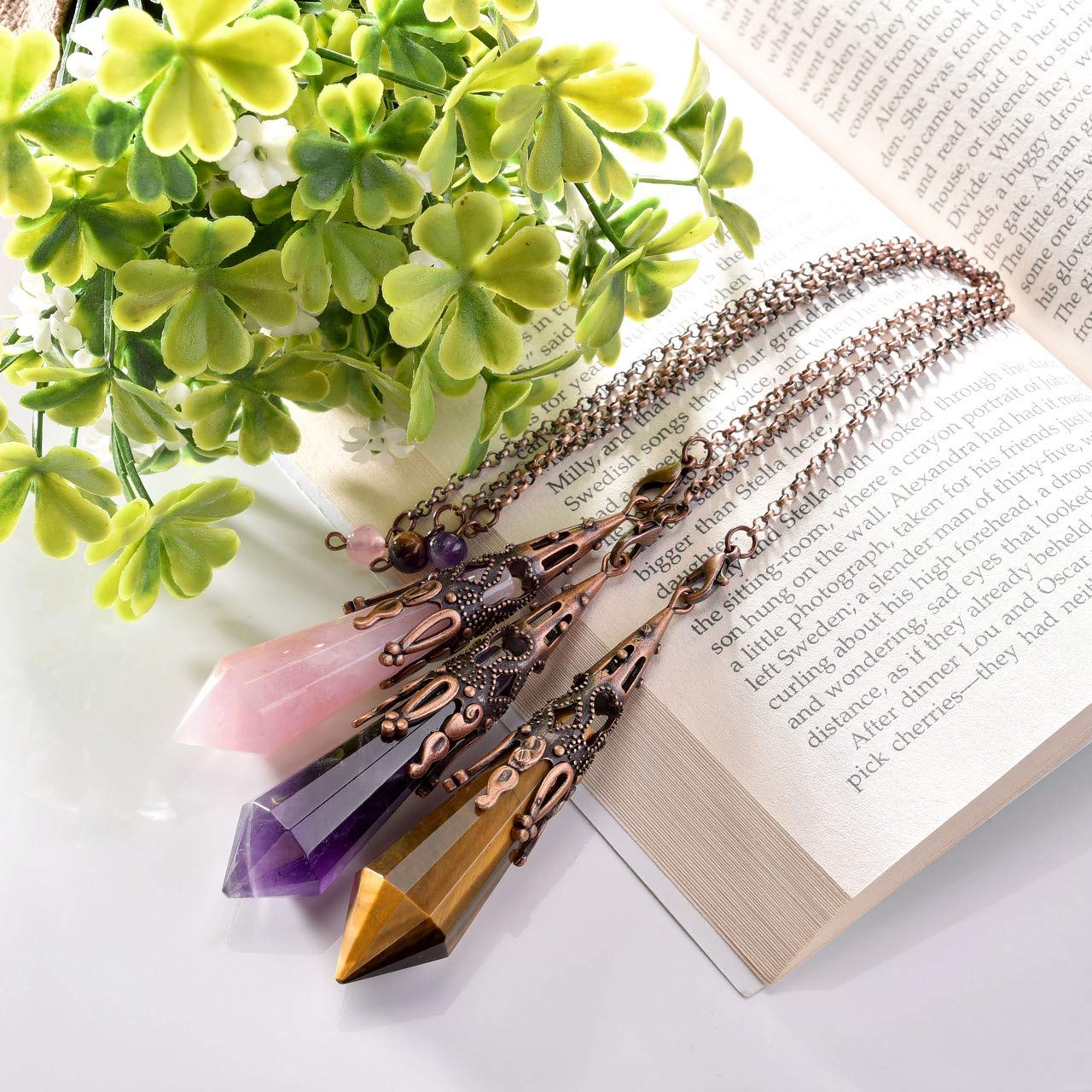 Jovivi 3pcs Natural Amethyst Rose Quartz Crystal 12 Facted Therapy Healing Dowsing Divination Pendulum Reiki Charged Chakra Balancing Pendant with Chain
