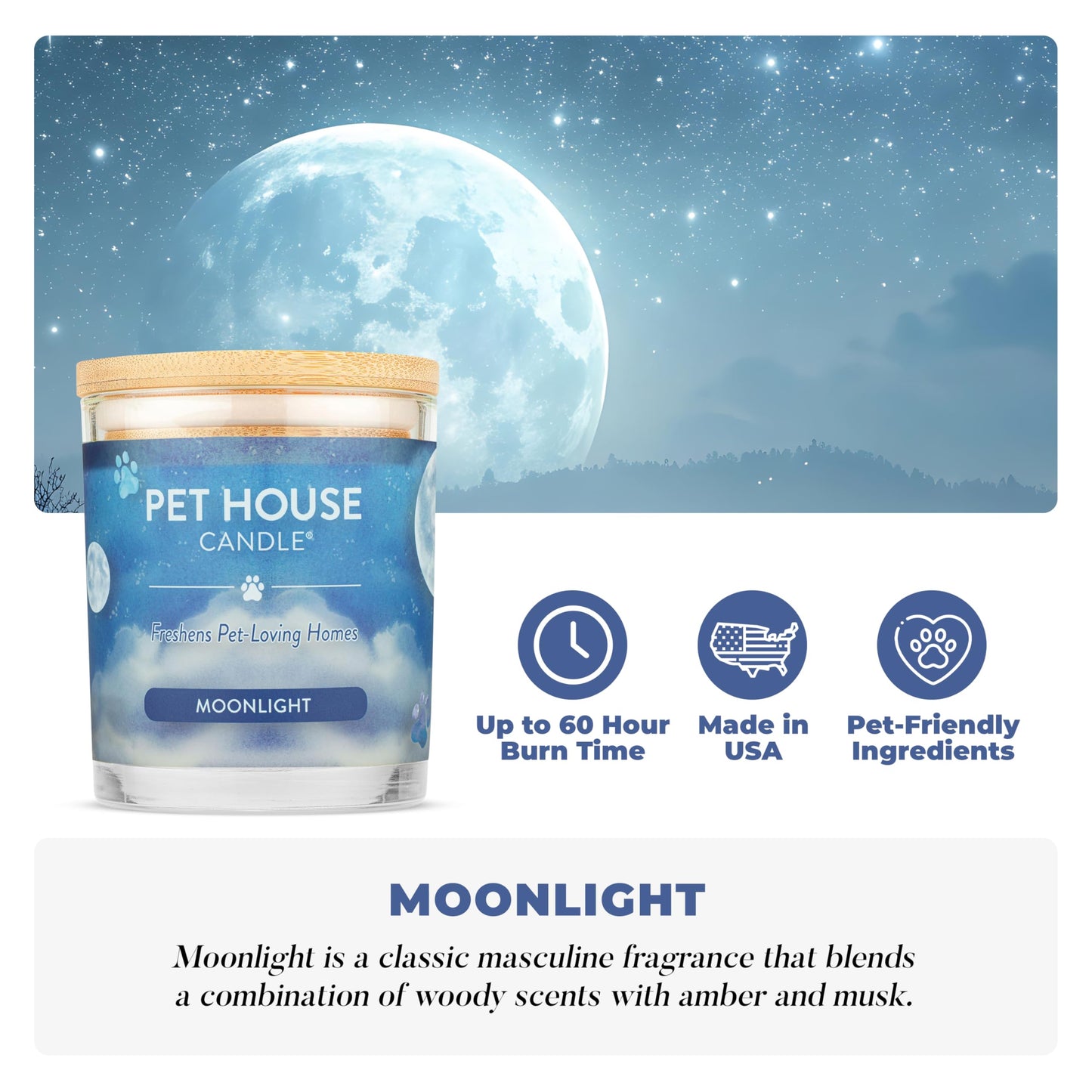 One Fur All Pet House Candle Plant-Based/Soy - Clean Burning Scented, Long Lasting Pet Odor Candle for Home - Moonlight