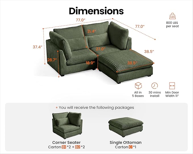 77" Oversized Corduroy Couch Modular Sectional Sofa, Washable Cloud Couch
