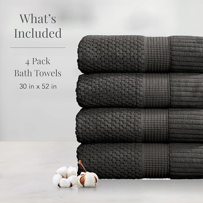 NY Loft 100% Cotton 4 Pack Bath Towels, Dark Grey, OEKO-TEX Certified, Machine