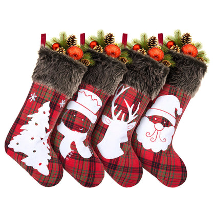 Mostop 4 Pack Christmas Stockings, Large Buffalo Plaid Faux Fur Xmas Stockings Santa Snowman Reindeer Pattern Stockings for Xmas Family Home Decoration