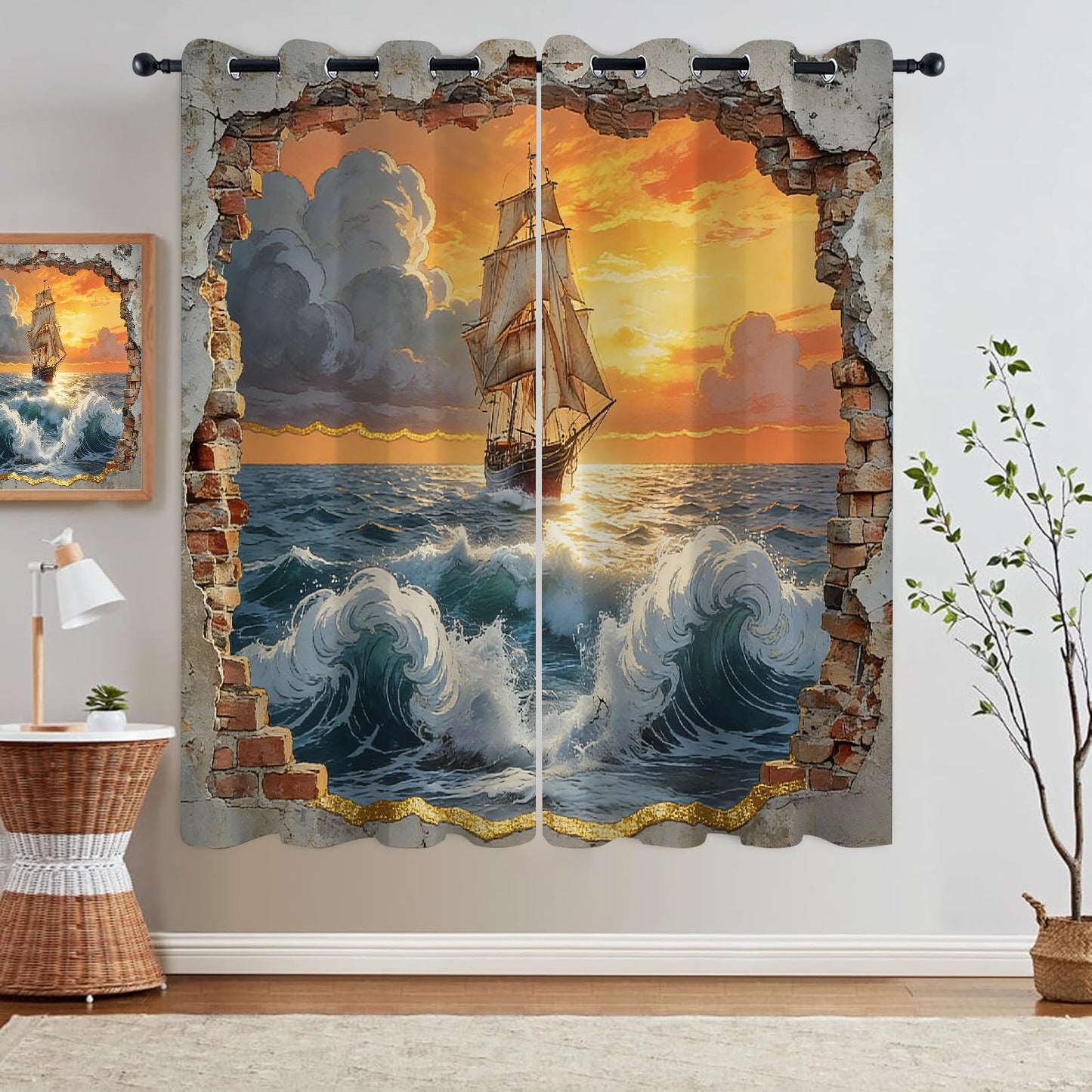 Ocean Sailing Ship Blackout Curtains, Sunset Sky Clouds 3D Print Drapes, Darkening Curtains with Top Grommet 2 Panel Drapes for Sliding Glass Door Bedroom Living Room(104" W x 63 "L)