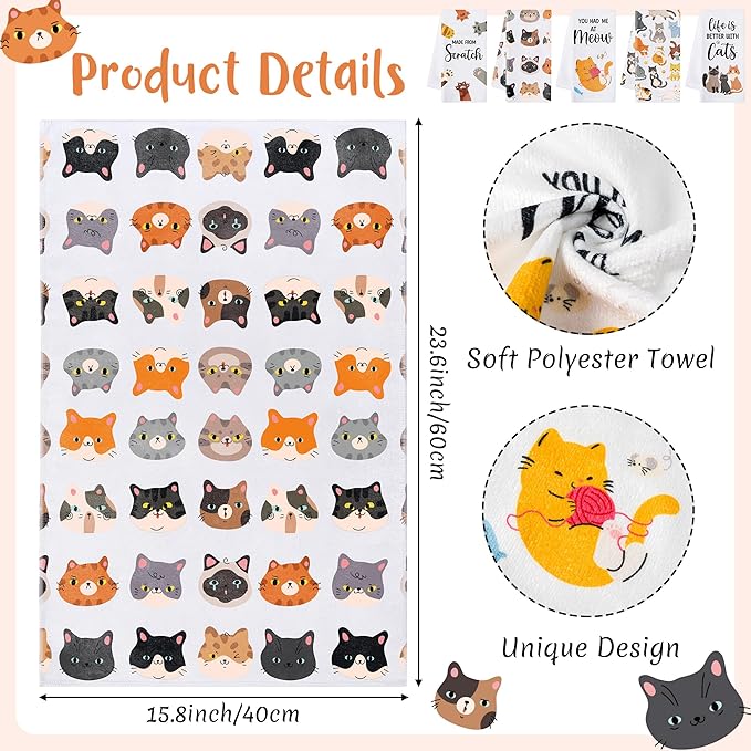 R HORSE 5Pcs Funny Kitchen Dish Towels, Cute Cat Dishcloths Gift, Absorbent