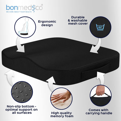 bonmedico Memory Foam Seat Cushion for Office Chair - Non-Slip, Seat Pads for Coccyx Pain Relief to Support Standing - Portable Car Seat Cushion w/Handle for Lower Back Support