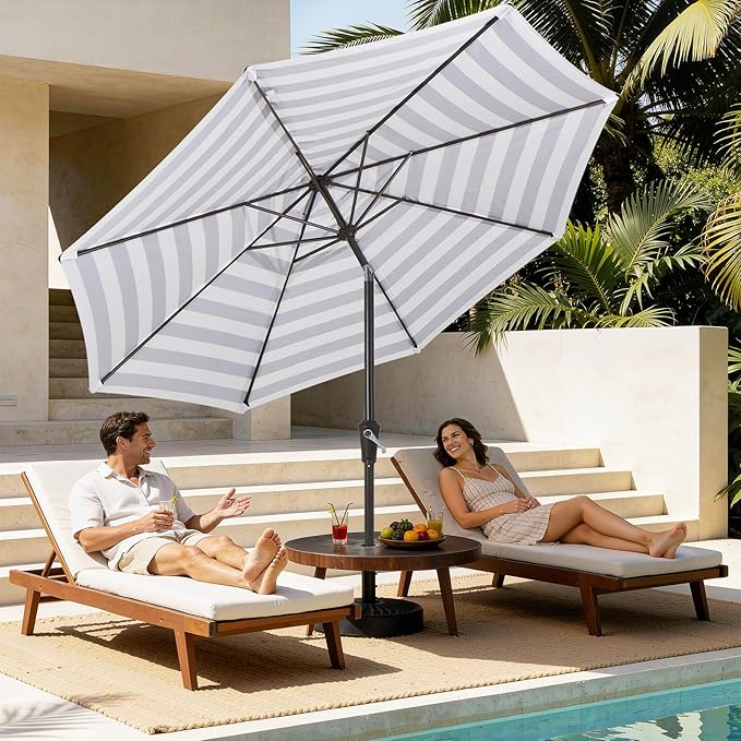 MEWAY 9ft Patio Umbrella Outdoor Table Umbrellas with Push Button Tilt and Crank, Market Umbrella 8 Sturdy Ribs for Deck, Garden, Pool and Backyard, Black-white-striped