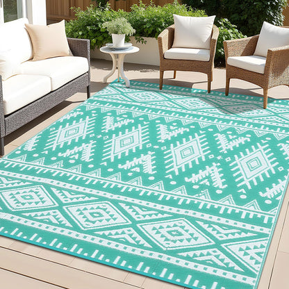 OLANLY Outdoor Rug Waterproof 9x18 ft, Reversible Outdoor Plastic Straw Rug, Boho Patio Rug, Indoor Outdoor Carpet, RV Mat Outside for Patio, Camp, Picnic, Balcony, Deck, Backyard, Turquoise & White