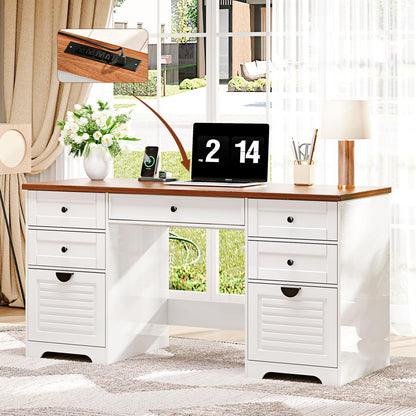 Ieejdn 59" Home Office Desks, Executive Desk, Farmhouse Computer Desk with 7 Drawers and Charging Station, File Drawer, Rustic Computer Writing Desk,Antique Cream