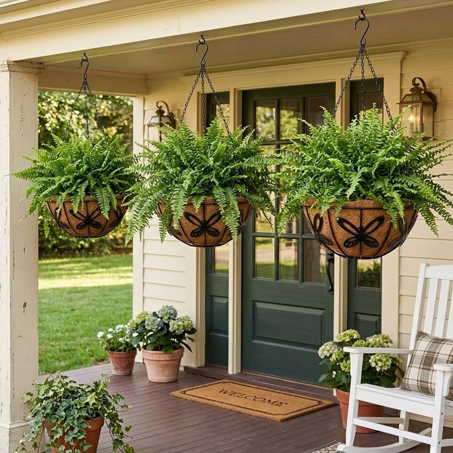 HZXXJCO 3 Pack Hanging Baskets for Plants Outdoor 14 Inch Butterfly Metal Hanging Planters with Coco Coir Liner, Round Hanging Flower Basket for Home Garden Patio Balcony Porch