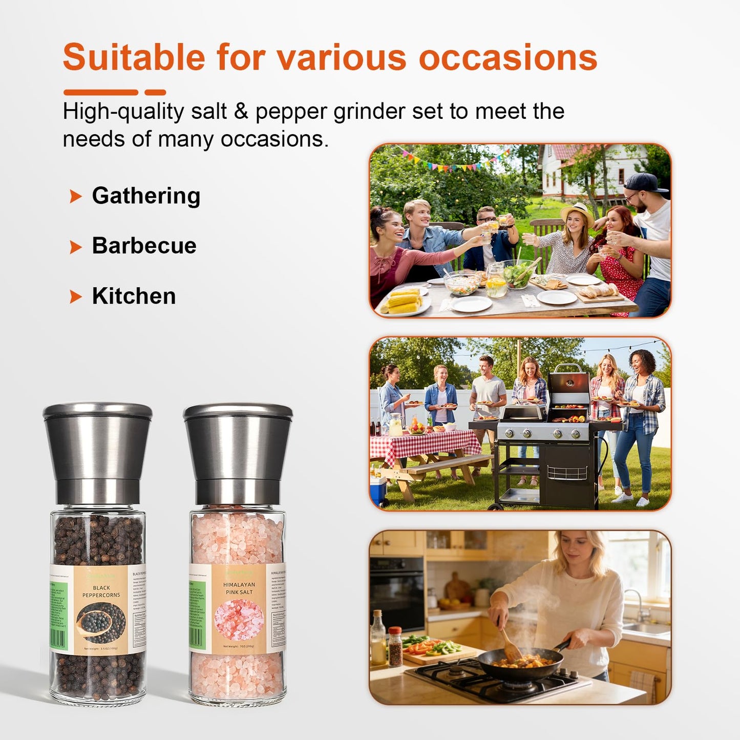 GoldenAnise Stainless Steel Salt and Pepper Grinder Set of 2 - Pre-filled with 3.5oz Black Peppercorns & 7oz Himalayan Pink Salt - Adjustable Ceramic Sea Salt & Pepper Mills, Glass Shakers for Kitchen