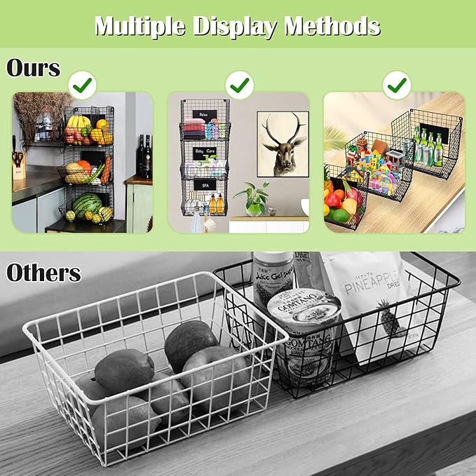 X-cosrack Metal Wire Basket Wall Mount, 3 Tier Wall Storage Basket Organizer
