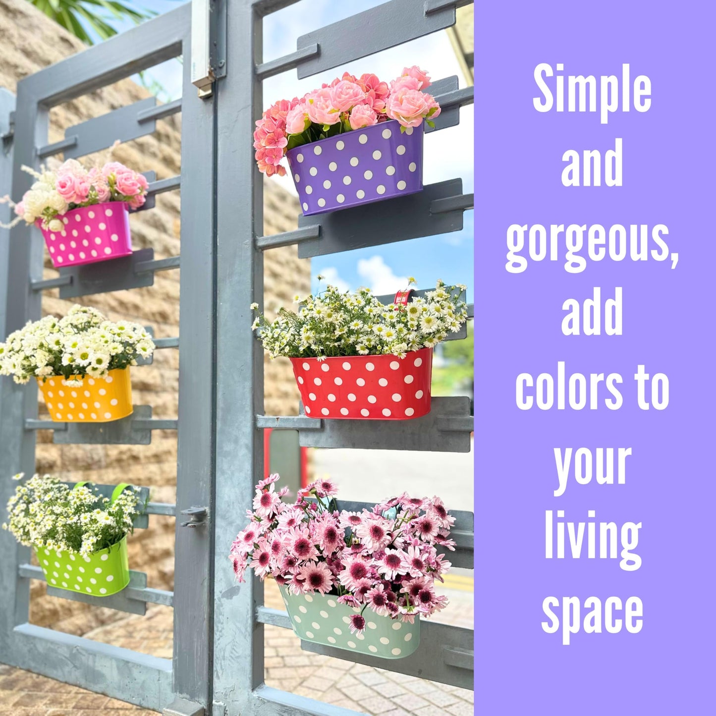 LaLaGreen Outdoor Hanging Planter (11.2 Inch, 6 Pack) Light Blue, Neon Pink, Dark Purple, Yellow, Red Metal Iron Window Box Polka Dot Herb Flower Pot Deck Railings Fence Wall Mount Porch Garden Decor