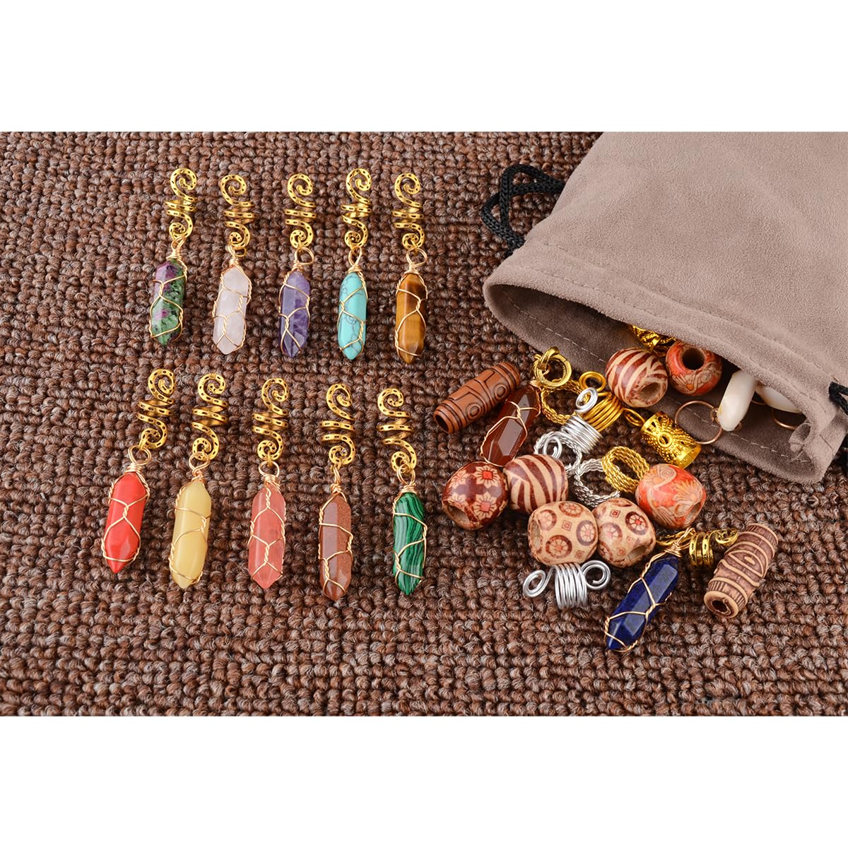 Modpion Hair Jewelry Crystal Dreadlock Accessories,Natura Stone for Hair Braids Charm Coils Rings Hair Cuffs Shells Imitation Hair Decoration