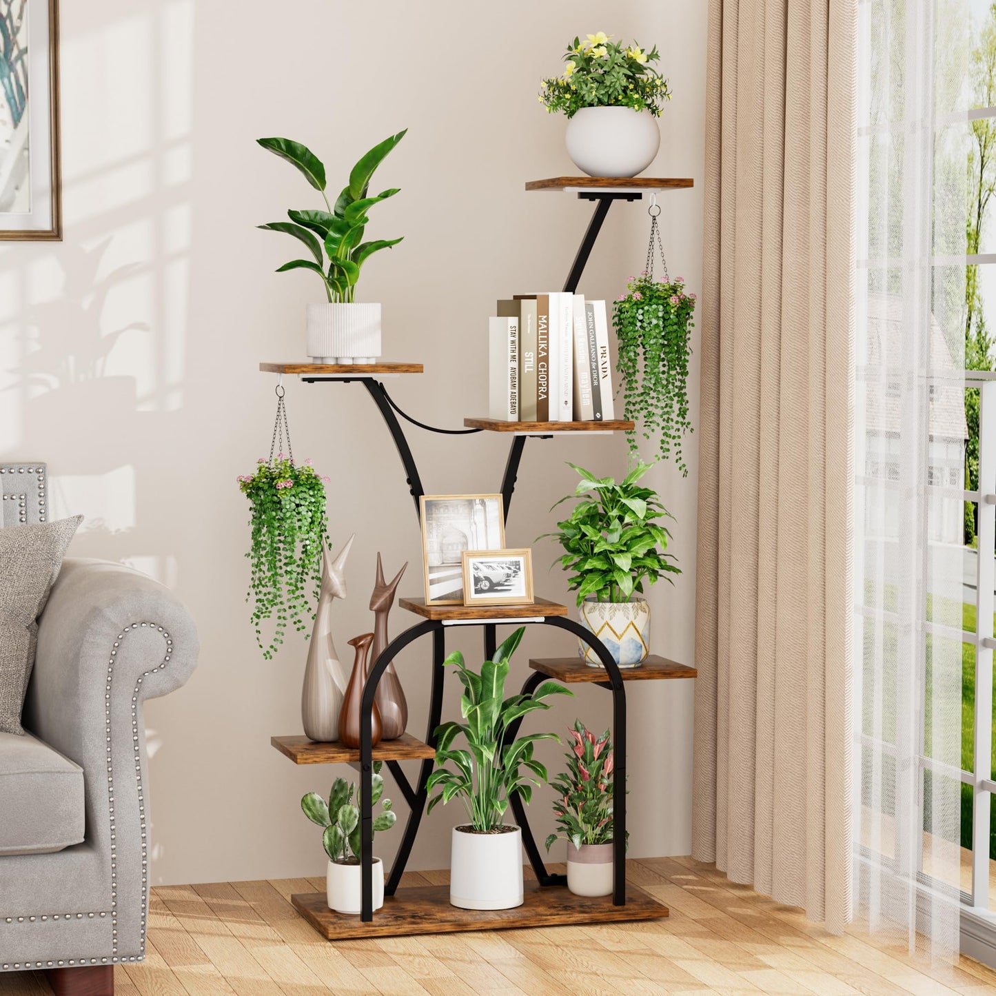 Plant Stand Indoor with Grow Lights, 7 Tiered Plant Shelf Indoor, 50'' Corner Plant Stands for Indoor Plants, Metal Plant Display Shelves Lighted Flower Holder, Plant Rack for Living Room, Black