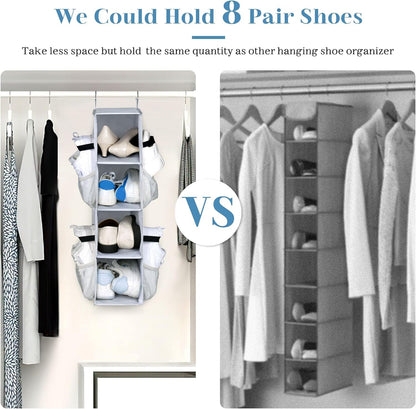 SLEEPING LAMB Short Hanging Shoe Organizer for Closet Storage with Mesh Side Pockets Holds 8 Pairs, Hanging Shoe Rack Hanger RV, Camper, Grey